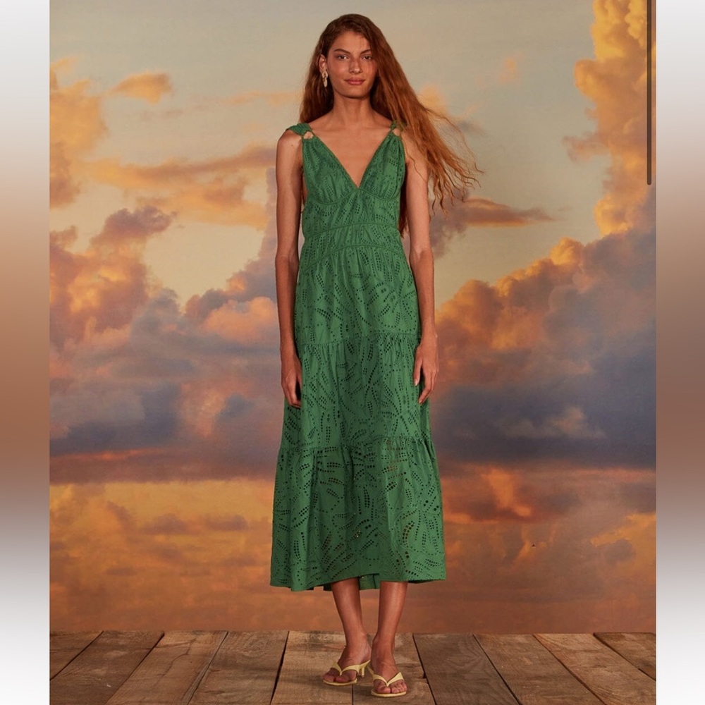 FARM Rio Green Monstera Corset Eyelet Maxi Dress XL